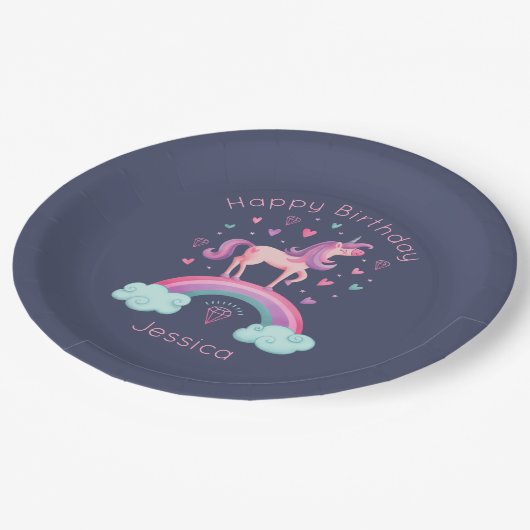 Rainbow Unicorn Girl Birthday Party Paper Plate Pappteller (Schrägansicht)