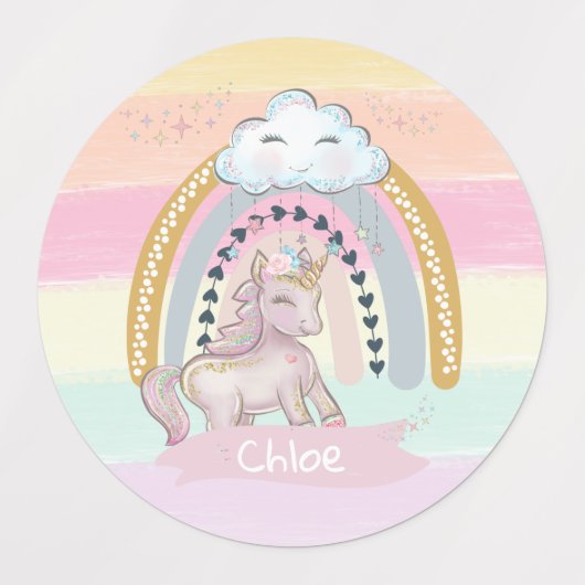 🦄 Rainbow Unicorn Girl Individuelle Name Etiketten (Design 1)
