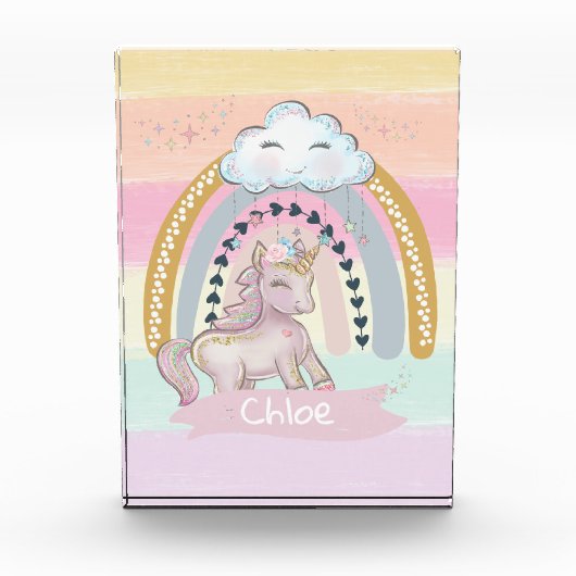 🦄 Rainbow Unicorn Girl Individuelle Name Fotoblock (Vorderseite)