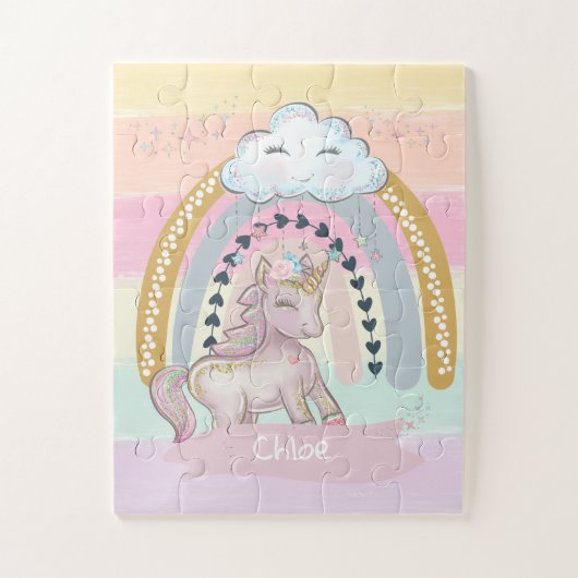 🦄 Rainbow Unicorn Girl Individuelle Name Puzzle (Vertikal)