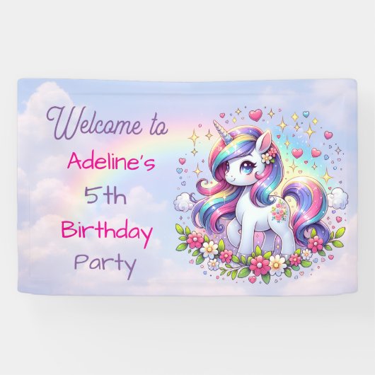 Rainbow Unicorn Girl's Birthday Party Personalized Banner (Horizontal)