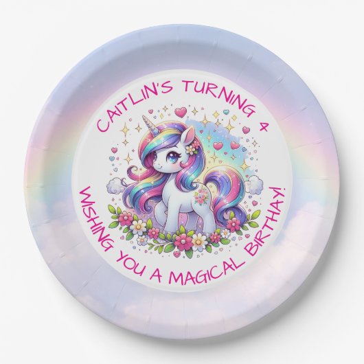 Rainbow Unicorn Girl's Birthday Party Personalized Pappteller (Vorderseite)