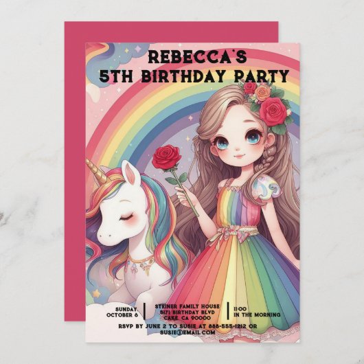 Rainbow Unicorn Girly Birthday Party Einladungen (Vorne/Hinten)