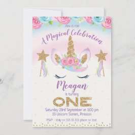 Rainbow Unicorn Glitzer 1. Geburtstag Einladung