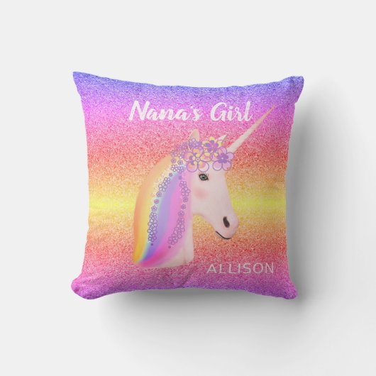 Rainbow Unicorn Glitzer Nanas Girl Personalisiert Kissen (Vorderseite)