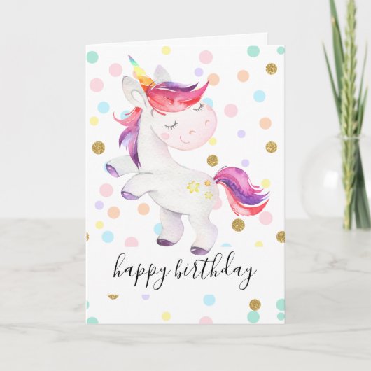 Rainbow Unicorn Glitzer Polka Dot Girl Birthday Karte (Vorderseite)