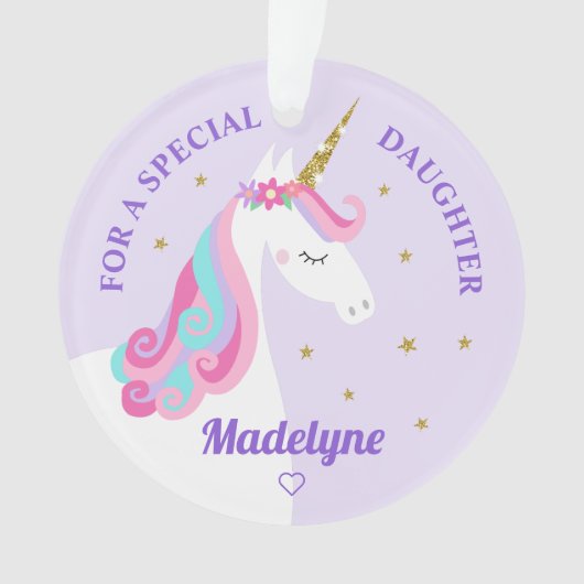 Rainbow Unicorn Gold Glitzer Daughter Lila Ornament (Vorderseite)