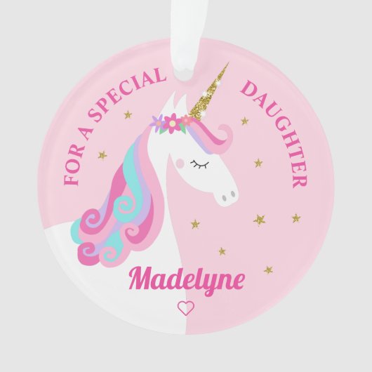 Rainbow Unicorn Gold Glitzer Daughter Pink Ornament (Vorderseite)