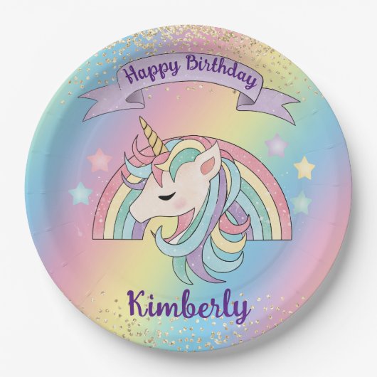 Rainbow & Unicorn Gold Glitzer Geburtstag Pappteller (Vorderseite)