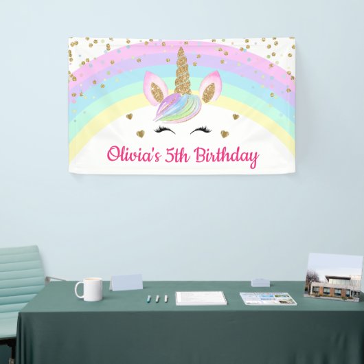 Rainbow Unicorn Gold Glitzer Girl Birthday Banner (Messeveranstaltung)