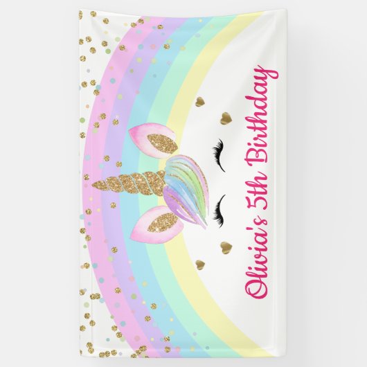 Rainbow Unicorn Gold Glitzer Girl Birthday Banner (Vertikal)