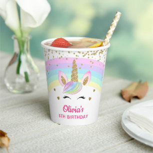 Rainbow Unicorn Gold Glitzer Girl Birthday Pappbecher