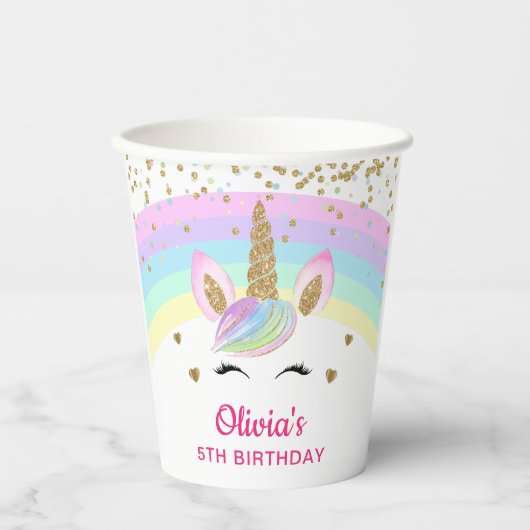 Rainbow Unicorn Gold Glitzer Girl Birthday Pappbecher (Vorderseite)