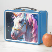 Rainbow Unicorn Head Individuelle Name Text Metall Brotdose (Beispiel)