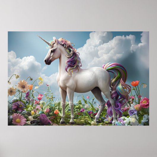 Rainbow Unicorn in Blume Wiese - Fantasy Pastel Poster (Vorne)