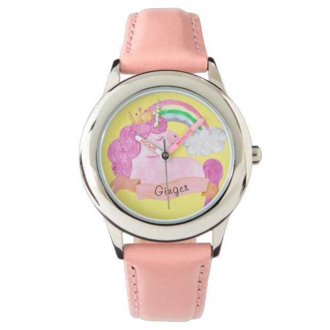 🌈 Rainbow Unicorn Individuelle Name Armbanduhr (Vorderseite)