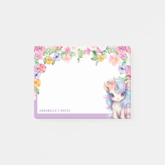 Rainbow Unicorn Individuelle Name Floral Kids Scho Post-it Klebezettel (Vorderseite)