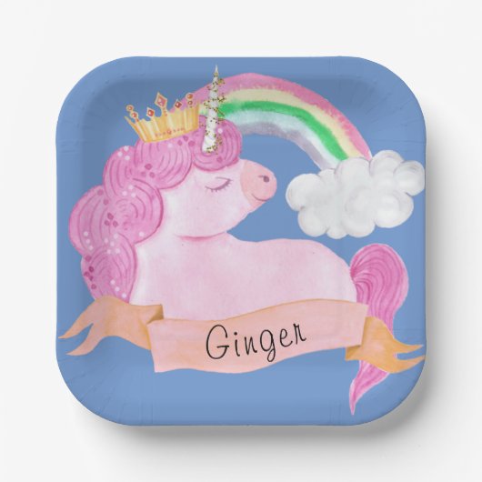 🌈 Rainbow Unicorn Individuelle Name    Pappteller (Vorderseite)