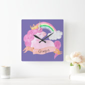 🌈 Rainbow Unicorn Individuelle Name Quadratische Wanduhr (Zuhause)