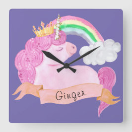 🌈 Rainbow Unicorn Individuelle Name Quadratische Wanduhr