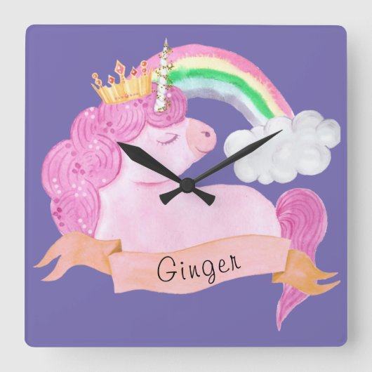 🌈 Rainbow Unicorn Individuelle Name Quadratische Wanduhr (Vorderseite)