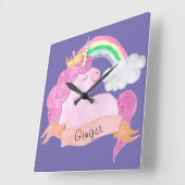 🌈 Rainbow Unicorn Individuelle Name Quadratische Wanduhr (Winkel)