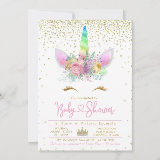 Rainbow Unicorn Kinderdusche Einladung (Vorderseite)