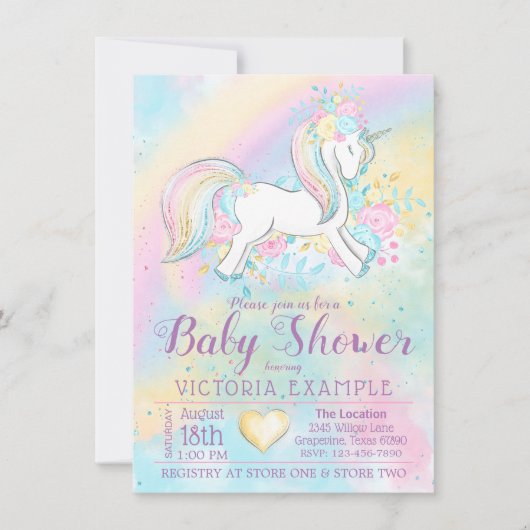 Rainbow Unicorn Kinderdusche Einladungen (Vorderseite)