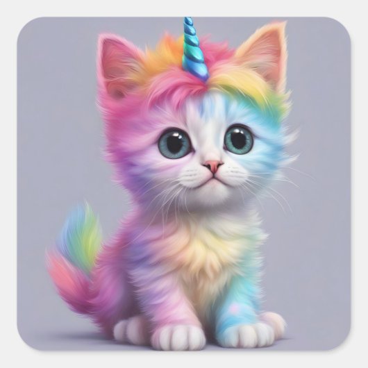 Rainbow Unicorn Kitten Quadratischer Aufkleber (Vorderseite)
