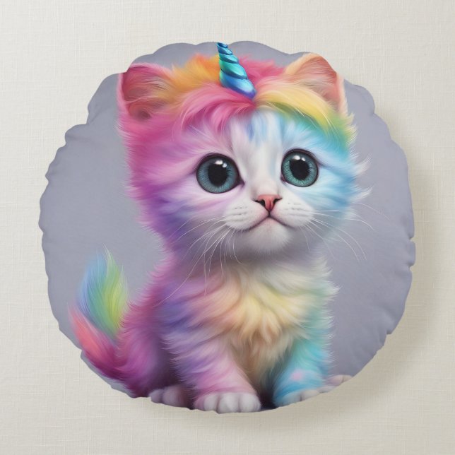 Rainbow Unicorn Kitten Rundes Kissen (Vorderseite)