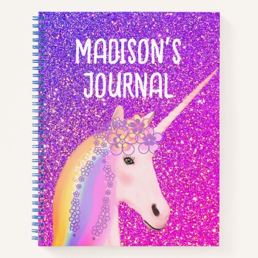 Rainbow Unicorn Lila Glitzer Monogram Journal Notizblock (Vorderseite)