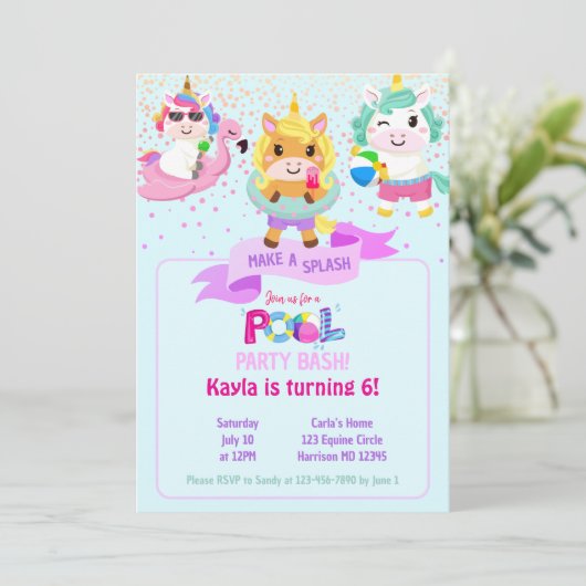 Rainbow Unicorn machen ein Splash Pool Party Einladung (Stehend Vorderseite)