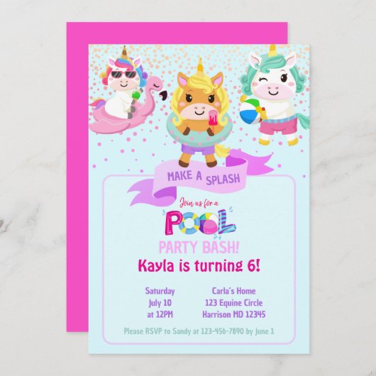 Rainbow Unicorn machen ein Splash Pool Party Einladung (Vorne/Hinten)