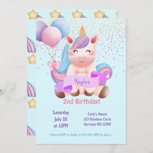 Rainbow Unicorn Magical Second Birthday Einladung (Vorne/Hinten)