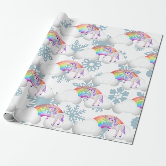 Rainbow Unicorn Magische Schneeflocken Niedlich Geschenkpapier (Ungerollt)