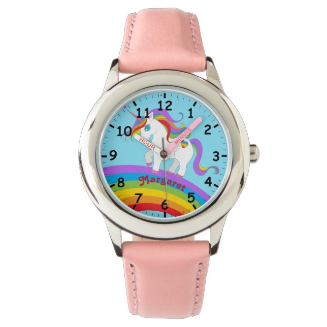 Rainbow Unicorn mit Herz und leichtem blauen Himme Armbanduhr (Vorderseite)
