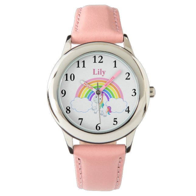 Rainbow Unicorn mit Name Girls Watch Armbanduhr (Vorderseite)