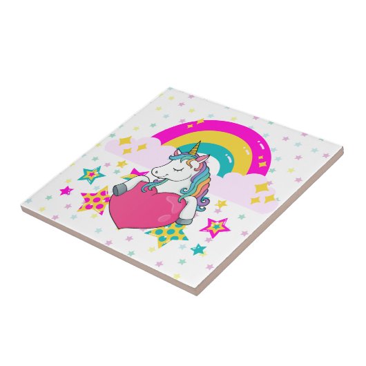 Rainbow Unicorn mit Sternen Fliese (Seite)