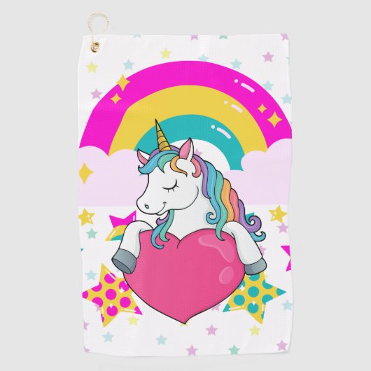Rainbow Unicorn mit Sternen Golfhandtuch (Vorderseite)