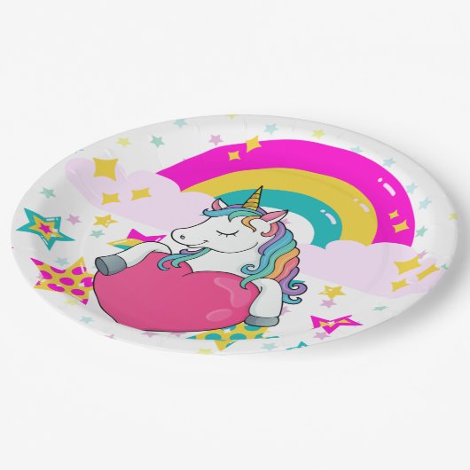 Rainbow Unicorn mit Sternen Pappteller (Schrägansicht)