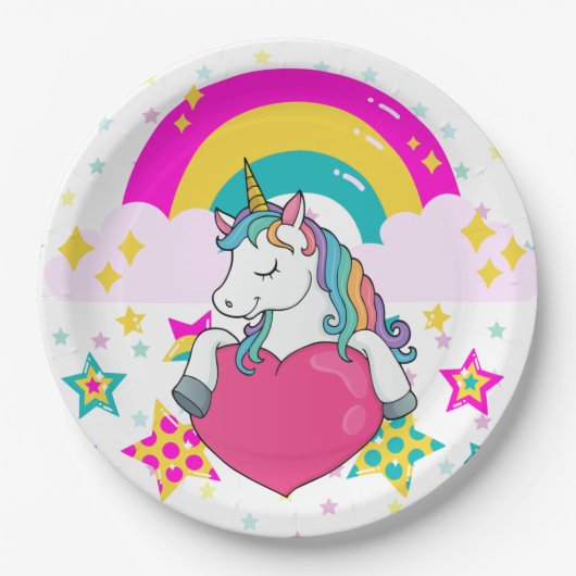 Rainbow Unicorn mit Sternen Pappteller (Vorderseite)