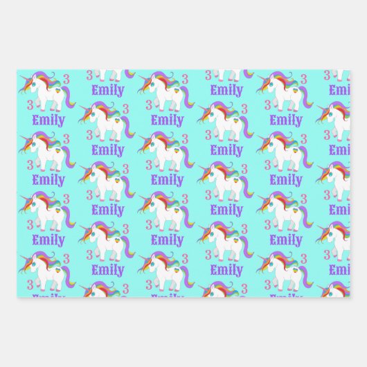 Rainbow Unicorn Niedlich Heart Child's Name & Age Geschenkpapier Set (Vorderseite 2)