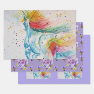 Rainbow Unicorn Niedlich Magisches Watercolor Wrap Geschenkpapier Set