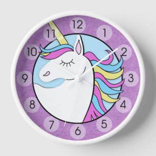 Rainbow Unicorn Niedliche Lila Rundmauer-Uhr Uhr