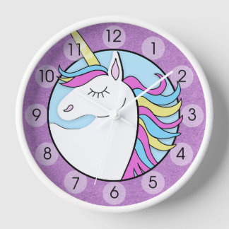 Rainbow Unicorn Niedliche Lila Rundmauer-Uhr Uhr