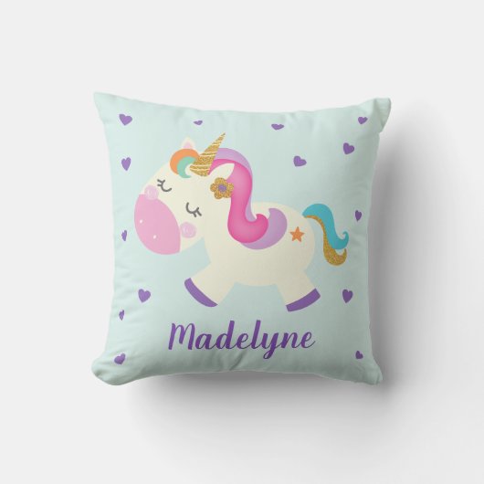 Rainbow Unicorn Niedlicher Personalisierter Name A Kissen (Vorderseite)