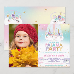 Rainbow Unicorn Pajama Birthday Party Foto Einladung