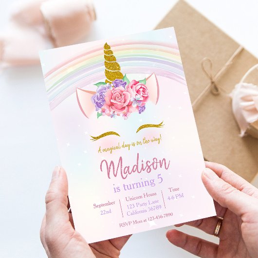 Rainbow Unicorn Party Girl Birthday Einladung