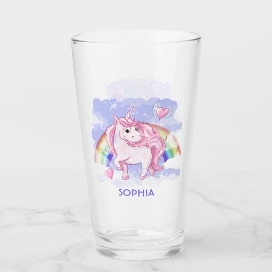 Rainbow Unicorn Personalisierter Name Glas (Vorderseite)