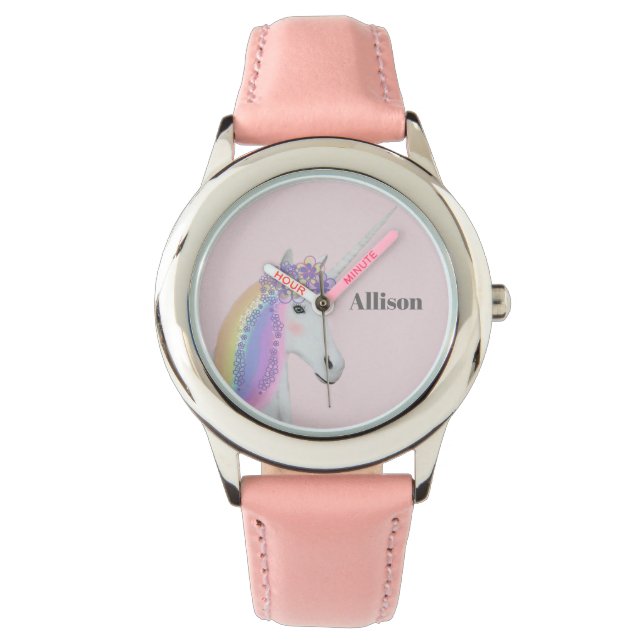 Rainbow Unicorn Personalisiertes Girl Armbanduhr (Vorderseite)